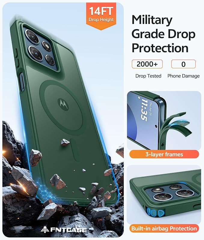 FNTCASE for Moto G Play 2026 / G 2026 / G 2025 Phone Case, Screen Protector | Translucent Matte Magnetic Back, 14FT Military Grade Drop Protection, Shockproof Protective Phone Cover, Green