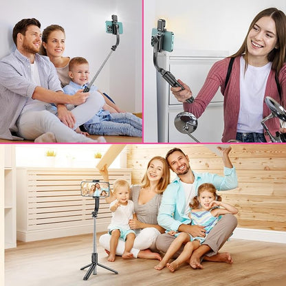 Selfie Stick Tripod with Fill Light, All in One Extendable Selfie Stick with Detachable Wireless Remote, Flexible Phone Tripod Stand Compatible with iPhone/Galaxy, Compact Size & Lightweight