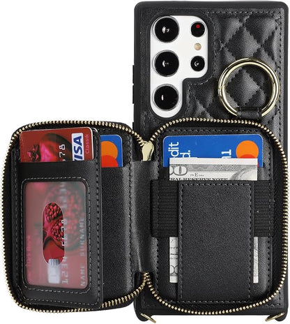 Crossbody Wallet Case for Galaxy S24 Ultra, PU Leather Zipper Handbag Purse Flip Cover, Kickstand Folio Case with Card Slots Holder Wrist Strap Lanyard -Black