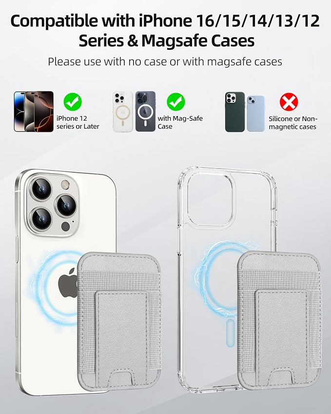 Upgraded for Magsafe Wallet, Strongest Magnetic Wallet, for iPhone Magsafe Walle t with 2 Card Slots, Magnetic Card Holder for iPhone 17/16/15/14/13/12 Series, Vegan Leather, Fit 7 Cards, Light Gray
