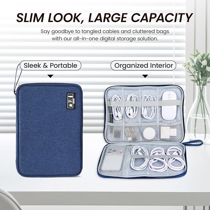 Large Slim Cable Organizer Travel Case, Single-Layer Electronic Accessories Pouch for Chargers, Cords, Power Bank, Mouse and SD Cards, 12.6 x 9.45 x 1.57 Inches