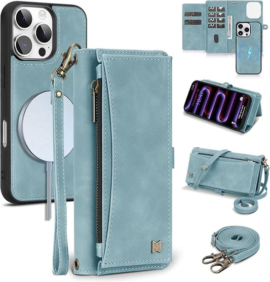 Wallet Case for iPhone 16 Pro Max with Card Holder/Crossbody Wallet/Strap| RFID Blocking | Magnetic | Kickstand | Detachable | PU Leather Phone Case for iPhone 16 Pro Max,6.9 in,Blue