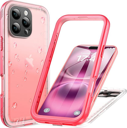 Cozycase for iPhone 16 Pro Max Case Waterproof - 360 Heavy Duty with Screen/Camera Protector Shockproof IP68 Underwater Dustproof Water Shock Proof Full Body/Front and Back Case Pink/Frosted Clear