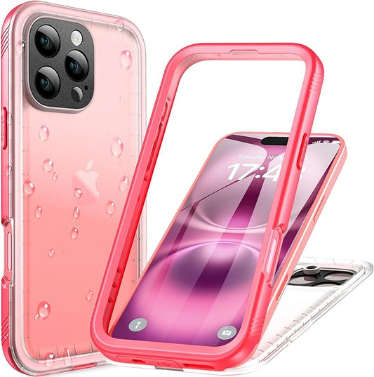 Cozycase for iPhone 16 Pro Max Case Waterproof - 360 Heavy Duty with Screen/Camera Protector Shockproof IP68 Underwater Dustproof Water Shock Proof Full Body/Front and Back Case Pink/Frosted Clear