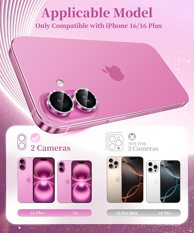 GolbinBox Camera Lens Protector for iPhone 17/16/16 Plus, 1:1 Invisible Fit, 9H Tempered Glass Ultra HD Metal Individual Camera Cover for Women, Case Friendly, Bling/Hot Pink