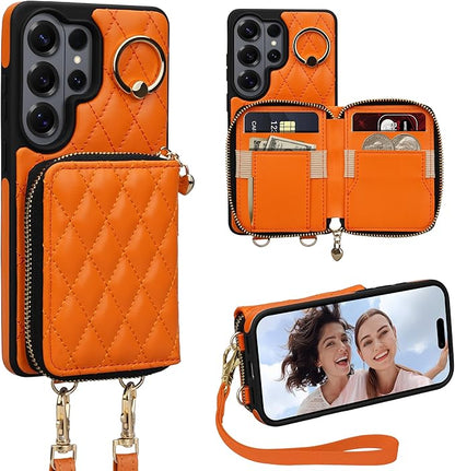 Keallce Case for Samsung Galaxy S26 Ultra 6.9'' Wallet Case,Crossbody Zipper Purse Wrist Strap Lanyard Handbag,RFID Blocking Card Slots,Flip Leather Cover for Samsung S26 Ultra,Orange