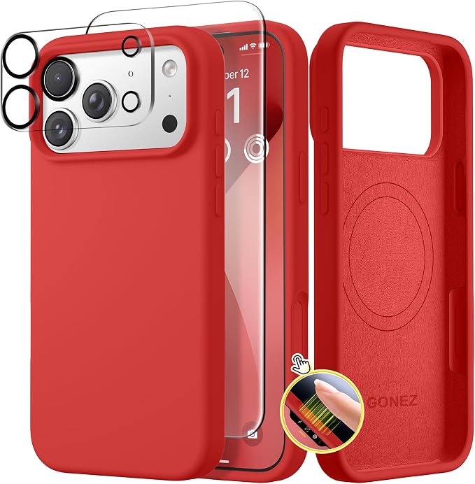 GONEZ Magnetic for iPhone 17 Pro Case, Compatible with MagSafe, [Screen Protector + Camera Lens Protector], Liquid Silicone Anti-Scratch Shockproof Protective Phone Case 6.3 inch, Red