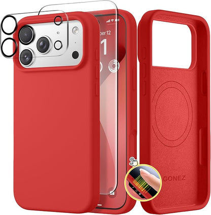 GONEZ Magnetic for iPhone 17 Pro Case, Compatible with MagSafe, [Screen Protector + Camera Lens Protector], Liquid Silicone Anti-Scratch Shockproof Protective Phone Case 6.3 inch, Red