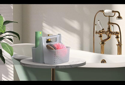 Brookstone Modern Large Portable Shower Caddy with Soft Silicone Carrying Handle, Bathroom Organizer Basket, Plastic Bath Tote and Shower Organizer, Quick Dry Drainage Holes, BPA Free, Clear