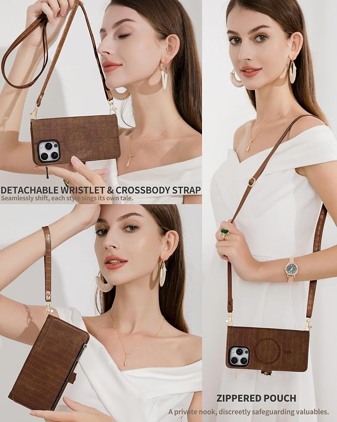 Crossbody Wallet Case for iPhone 16 Pro with Mirror, Wrist Strap, Zipper Purse Magnetic Flip RFID Blocking Card Holder, Wireless Charging, PU Leather Shockproof 6.3" Women (Brown)