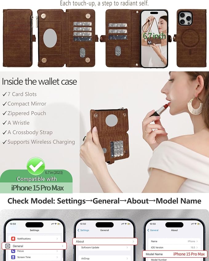 Crossbody Wallet Case for iPhone 15 Pro Max with Mirror, Wrist Strap, Zipper Purse Magnetic Flip RFID Blocking Card Holder, Wireless Charging, PU Leather Shockproof 6.7" Women (Brown)
