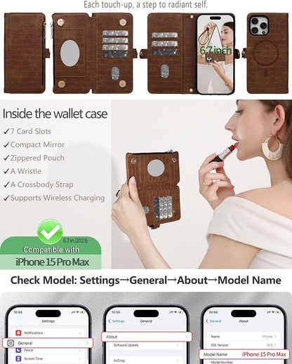 Crossbody Wallet Case for iPhone 15 Pro Max with Mirror, Wrist Strap, Zipper Purse Magnetic Flip RFID Blocking Card Holder, Wireless Charging, PU Leather Shockproof 6.7" Women (Brown)