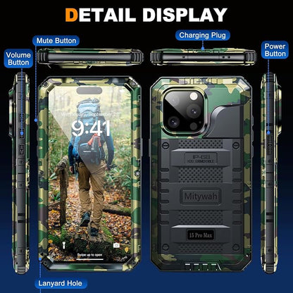 Mitywah Wateproof Case for iPhone 15 Pro Max, Military Grade Shockproof Cover for Outdoor Hiking and Climbing, Heavy Duty Metal Full Body Phone Case with Built-in Screen Protector, 6.7", Camouflage