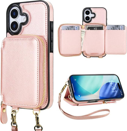 Bocasal RFID Blocking Wallet Case for iPhone 17, Adjustable Crossbody Zipper Purse Case Card Holder with Kickstand Detachable Wrist Strap, PU Leather Flip Folio Case 6.3 Inch 5G (Rose Gold)