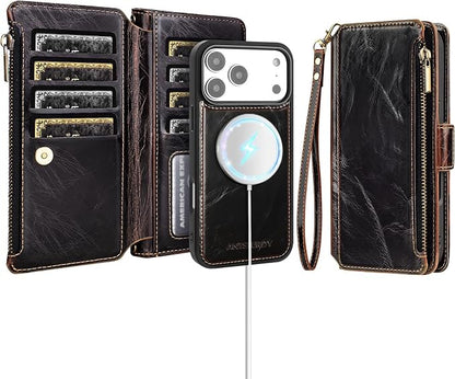 Antsturdy Compatible with Magsafe Magnetic 2 in 1 Detachable iPhone 17 Pro Wallet Case with Credit Card Holder Slots,PU Leather RFID Blocking Phone Cover Wrist Strap Zipper Women Men,Coffee