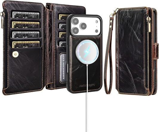 Antsturdy Compatible with Magsafe Magnetic 2 in 1 Detachable iPhone 17 Pro Wallet Case with Credit Card Holder Slots,PU Leather RFID Blocking Phone Cover Wrist Strap Zipper Women Men,Coffee