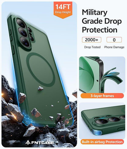 FNTCASE for Samsung Galaxy S26-Ultra Case: [Fit for Magsafe] [Full Camera Protection] Translucent Matte Cases with [Screen Protector] Military Grade Shockproof Protective Phone Cover - Green