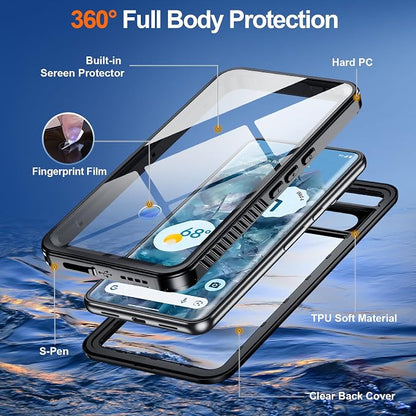 Hualele Waterproof Pixel 8 Pro Case IP68 Underwater Cover with Built-in Screen and Lens Protector, Rugged Full Body Sealed Heavy Duty Shockproof Case for Google Pixel 8 Pro Black/Clear