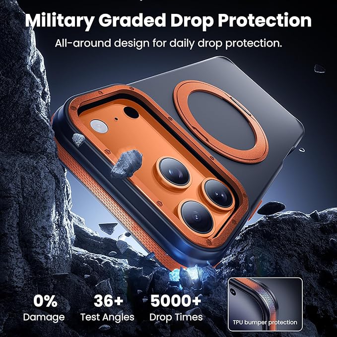 Strong Magnetic Case for iPhone 17 Pro(6.3", 2025) with Stand, Drop-Proof Bumper Cover with Contrast Color Border, Military-Grade Drop Protection, Shockproof Slim Thin Cover,Orange