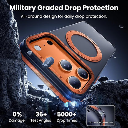 Strong Magnetic Case for iPhone 17 Pro(6.3", 2025) with Stand, Drop-Proof Bumper Cover with Contrast Color Border, Military-Grade Drop Protection, Shockproof Slim Thin Cover,Orange