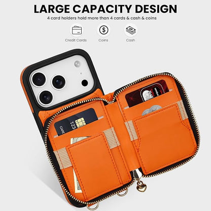 Keallce for iPhone 17 Pro 6.3'' Wallet Case, Crossbody Zipper Purse with Wristlet for Women, RFID Blocking Card Holders, Flip Leather Case for iPhone 17 Pro, Orange