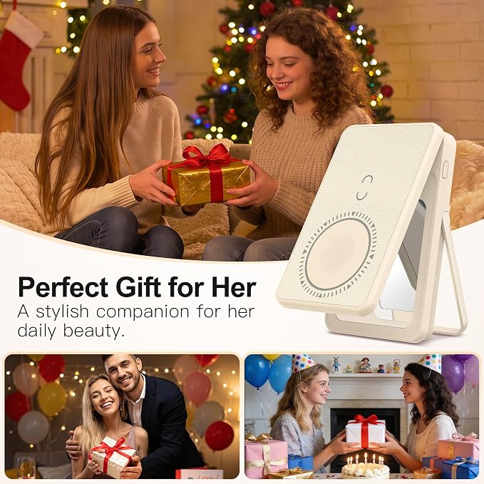 Magnetic Wireless Power Bank 5-in-1, 5000mAh Portable Charger with LED Mirror, Phone Stand, Card Holder & Bluetooth Remote, 20W Fast Charging for iPhone & Android, Travel Essential for Women