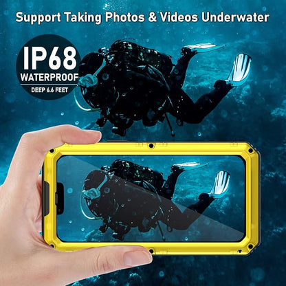 Beasyjoy for iPhone 13 Case Waterproof, Metal Phone Case with Built-in Screen Protector, Heavy Duty Full Body Protective Military Grade Shockproof Rugged Defender Cover 6.1 Inch, Yellow
