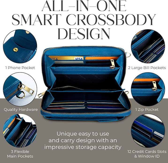 BULL GUARD Crossbody Leather Wallet Phone Purse, Anti Theft and RFID Blocking, Elegant Design for Travel