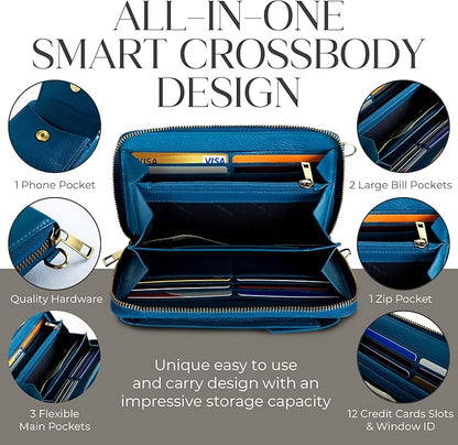 BULL GUARD Crossbody Leather Wallet Phone Purse, Anti Theft and RFID Blocking, Elegant Design for Travel
