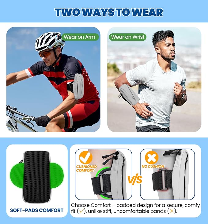HiRui Cell Phone Holder Arm Bag & Wrist Bag for Phone, Sports Running Armband for Gym & Cycling, Compatible with iPhone 17/17Pro/Plus/16/15 Samsung Galaxy All Phones, Reflective & Adjustable (Gray)