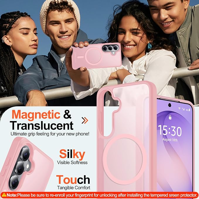 MOZOTER for Samsung Galaxy S26 Case with Magnetic,[Compatible with MagSafe][12Ft Military Dropproof][2*Screen Protector] Translucent Anti-Slip Back Slim Shockproof Case for S26-Pink