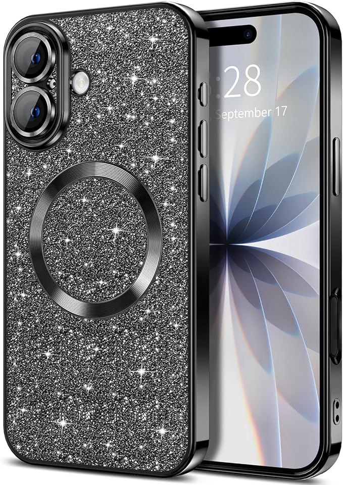 Hython for iPhone 17 Case Glitter Clear Magnetic Phone Cases [Compatible with MagSafe] Full Camera Lens Protector Sparkle Luxury Plating Slim Shockproof Protective Cover Women, Black