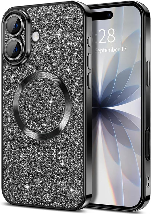 Hython for iPhone 17 Case Glitter Clear Magnetic Phone Cases [Compatible with MagSafe] Full Camera Lens Protector Sparkle Luxury Plating Slim Shockproof Protective Cover Women, Black