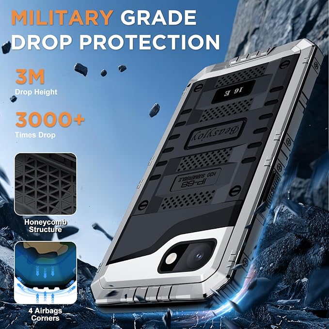 Beasyjoy for iPhone 16e Case/iPhone 17e Case Waterproof, Metal Heavy Duty Full Body Protective Case with Built-in Screen Protector, Military Grade Shockproof Cover for iPhone 16e/17e 6.1", Silver