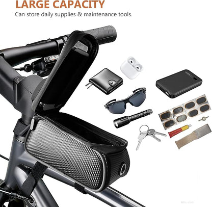 Waterproof Bike/eBike/Frame Bag,Bike Front Bag for Handlebar,Electric Bike Phone Bag,Bicycle Pouch with Rain Cover,Bike Accessories Storage Bag For Compatible Phone Under 7”