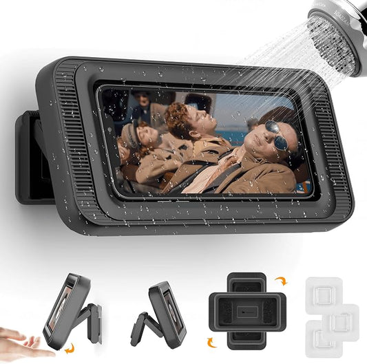 Mistriddle Waterproof Shower Phone Holder with 360° Rotation, Angle Adjustable, Enhanced Sound Quality, Wall Mounted Phone Holder for Bathroom Mirror Bathtub Kitchen, Up to 7 Inch (Black)