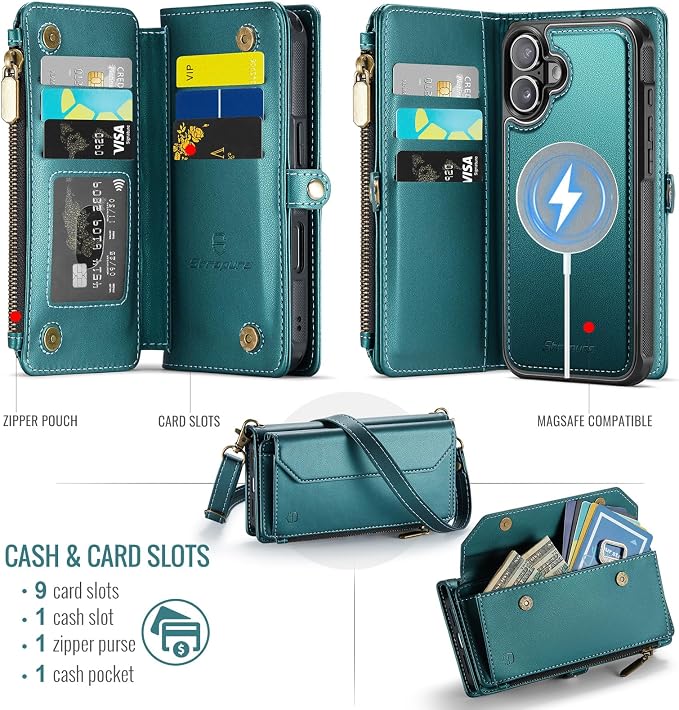 Strapurs for iPhone 17 Detachable Wallet Case Compatible with Magsafe for Women, RFID Blocking 9-Card Holder Zipper Wrist Strap Lanyard PU Leather Magnetic Phone Case for iPhone 17 6.3", Blue Green