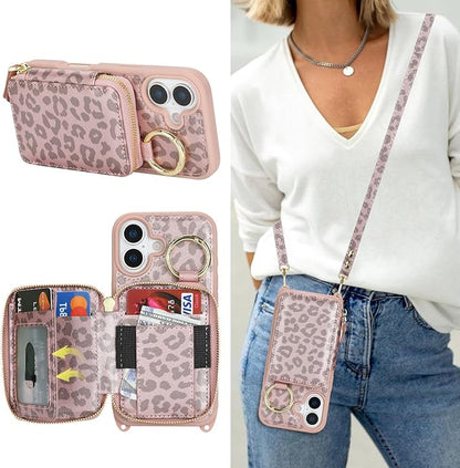 Crossbody Wallet Case for iPhone 17, PU Leather Zipper Handbag Purse Flip Cover, Kickstand Folio Case with Card Slots Holder Wrist Strap Lanyard 5G 6.3 Inch-Pink Leopard