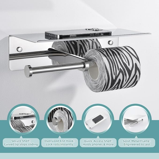 Double Toilet Paper Holder with Shelf Polished Chrome, APLusee SUS304 Stainless Steel Contemporary Bathroom Tissue Roll Holder Cell Phone Storage Rack
