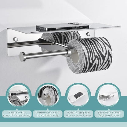 Double Toilet Paper Holder with Shelf Polished Chrome, APLusee SUS304 Stainless Steel Contemporary Bathroom Tissue Roll Holder Cell Phone Storage Rack