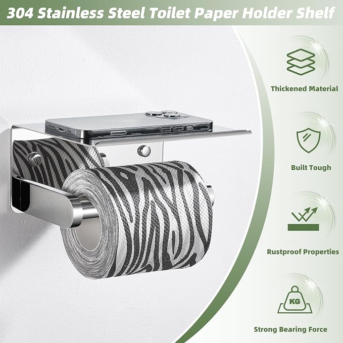 APLusee Toilet Paper Holder with Phone Shelf Polished Chrome, SUS 304 Stainless Steel Bathroom Accessories Tissue Roll Dispenser Storage Wall Mounted