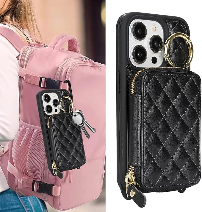 Crossbody Wallet Case for iPhone 14 Pro, PU Leather Zipper Handbag Purse Flip Cover, Kickstand Folio Case with Card Slots Holder Wrist Strap Lanyard 5G 6.1 Inch-Black