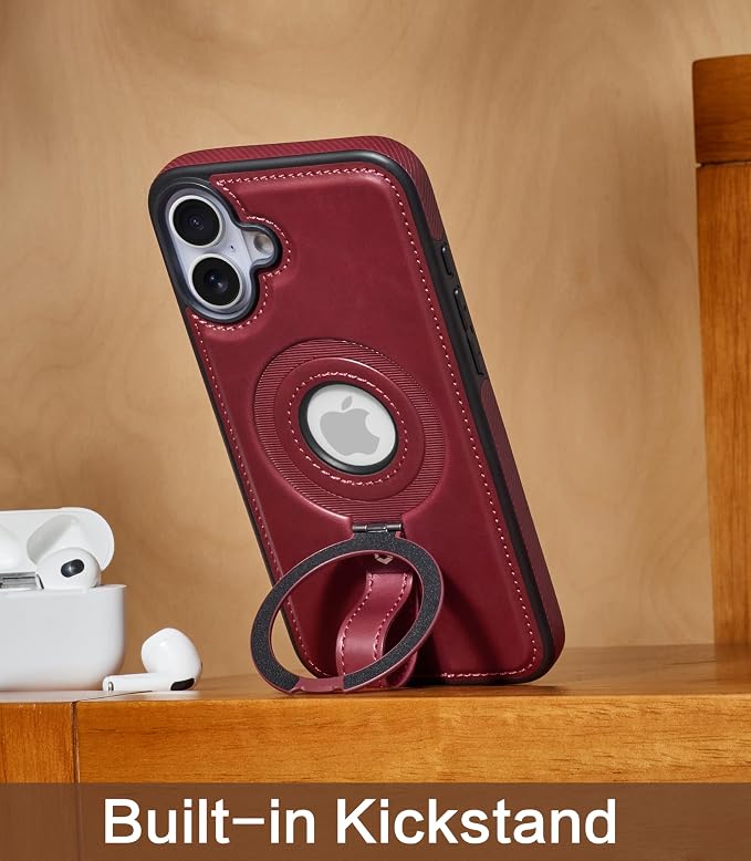 for iPhone 16 Plus Leather Case with Stand, Anti-Slip Grip Ring, Fits for MagSafe (Burgundy, iPhone 16 Plus)