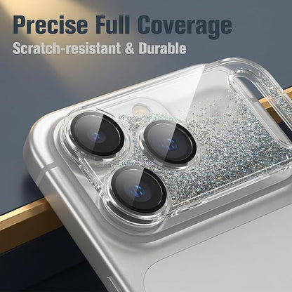 HANKN Quicksand Lens for iPhone 17 Pro Camera Lens Tempered Glass Protector, Ultra HD Clear 9H Hardness Anti-Scrach Dynamic Liquid Glitter Sand Cute Cover Strong Adsorption Case Friendly (Silver, iPhone 17 Pro)