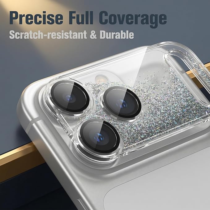 HANKN Quicksand Lens for iPhone 17 Pro Max Camera Lens Tempered Glass Protector, Ultra HD Clear 9H Hardness Anti-Scrach Dynamic Liquid Glitter Sand Cute Cover Strong Adsorption Case Friendly (Silver, iPhone 17 Pro Max)