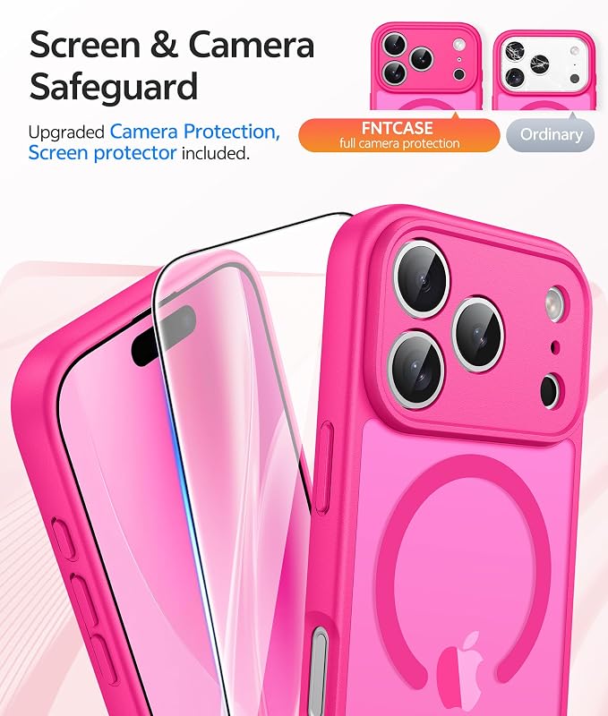 FNTCASE for iPhone 17 Pro Max Case: [Compatible with Magsafe] Translucent Matte Cases with [Full Camera Protection] [Screen Protector] Military Grade Shockproof Protective Phone Cover - Hot Pink