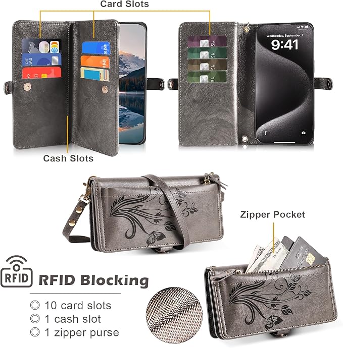 Lacass for iPhone 16 Pro Case Wallet,[Cards Theft Scan Protection] Card Holder Zipper Leather Flip Cover Crossbody Wrist Strap with Stand (Floral Gray)