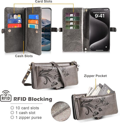 Lacass for iPhone 16 Plus Case Wallet,[Cards Theft Scan Protection] Card Holder Zipper Leather Flip Cover Crossbody Wrist Strap with Stand (Floral Gray)