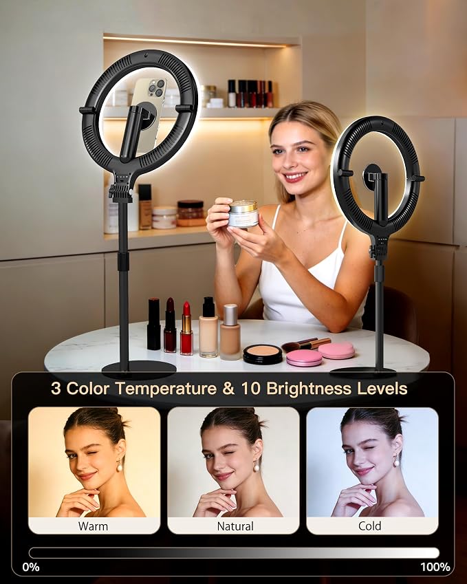 NiceVeedi 10.2” Magnetic Desk Ring Light with Stand, 5000mAh Rechargeable Desktop Ring Light for Phone，3 Color Foldable Selfie Light for Live Stream/Makeup/TikTok/YouTube/Photography/Zoom/Vlogging