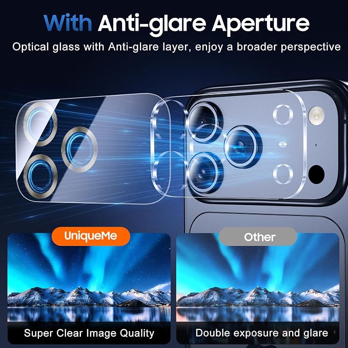 UniqueMe Compatible for 3 Pack iPhone 17 Pro Camera Lens Protector - [Drop Protection] [Case Friendly] 9H Tempered Glass Camera Cover Screen [Update New Version] - Grey